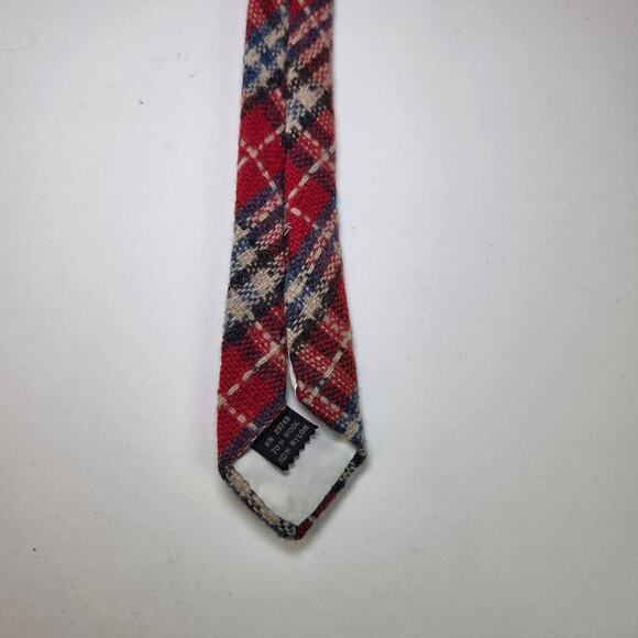Vintage Kings Lynn Wool Plaid Tie Red Navy Cream Tartan 4” Wide 70s Preppy Style - Picture 6 of 8